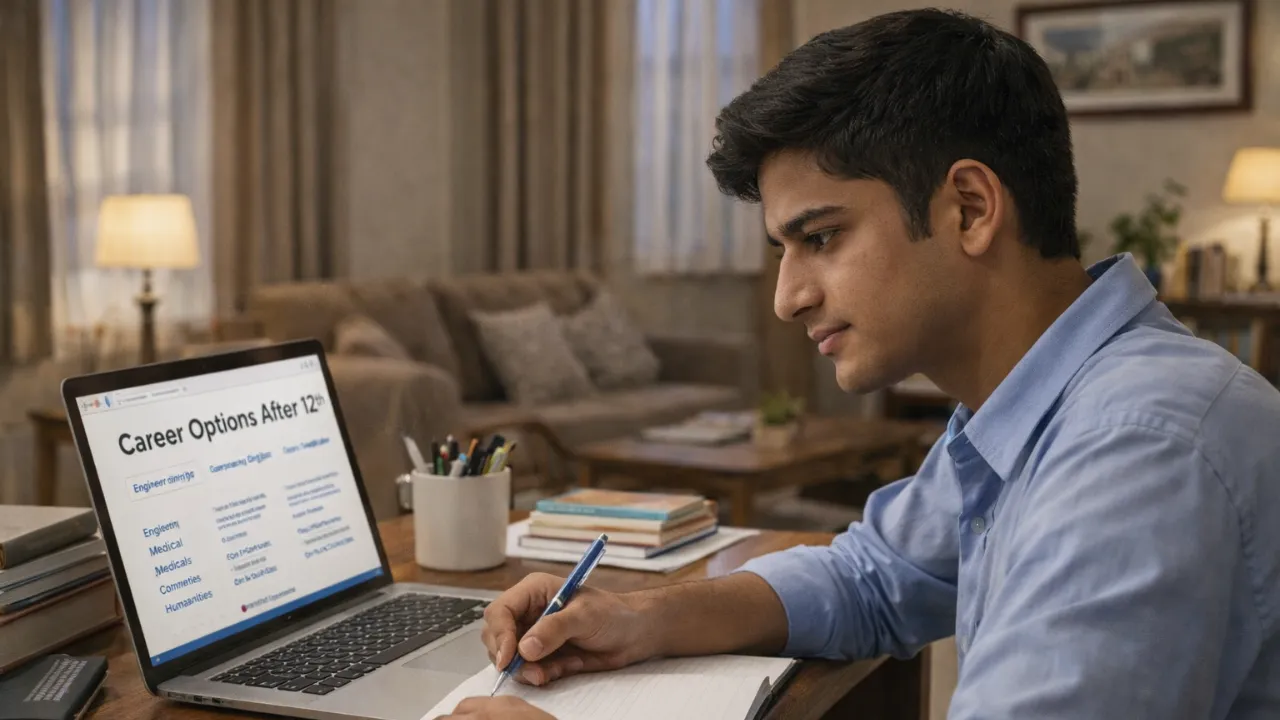 student researching career options after 12th himachal pradesh on laptop